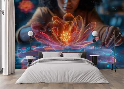 African female designer creating digital 3D holographic flower using AI technology at futuristic office desk. Wall mural