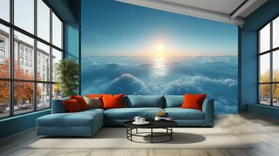 An abstract, minimalistic depiction of the sun with soft, warm rays being filtered by the ozone layer, rendered as a gentle blue gradient across the sky Wall mural