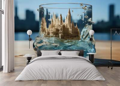 An imaginative concept of a detailed sandcastle inside a glass, with a dynamic splash of water, set against an urban skyline backdrop. A creative representation ideal for themes of fantasy Wall mural