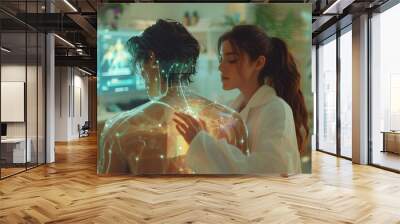 At a futuristic wellness center, an AI-powered female therapist uses holographic screens to guide her as she places transparent glass cups on a beautiful man's back Wall mural