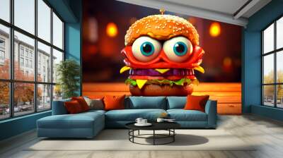 Beef burger with cheese, tomatoes, red onions, and lettuce. Generative AI. Burger day. Cute hamburger character with eyes. Funny illustration for pizzeria, cafe, fast food, street food, menu, kids men Wall mural