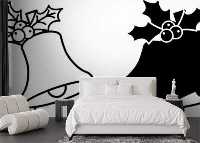 Bells Icons. Black and White Vector Icons. Festive Bells and Holly Plants. Christmas and Holiday Concept Wall mural