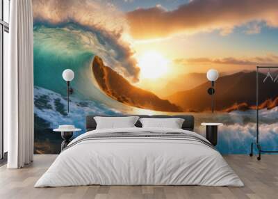 Big ocean wave on a rocky shore. Wall mural