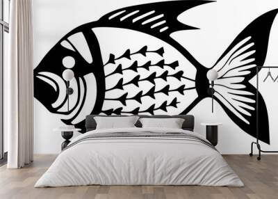 black graphic drawing stylized fish on a white background, logotype, design Wall mural