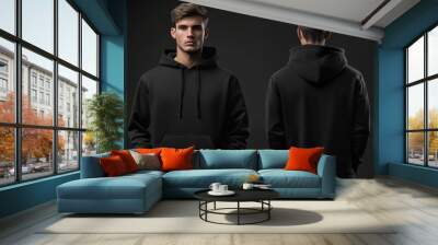 Black male hoodie sweatshirt mockup, front and back view Wall mural