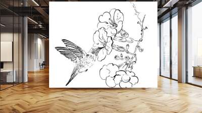 A hummingbird flies up to a flower. Engraving style. Black ink brush texture. Black and white. Wall mural