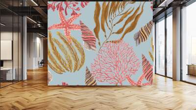 Colorful marine seamless pattern of corals, shells, starfish and algae. Wall mural