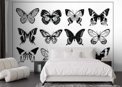 Set of 12 realistic black and white butterflies made in the same style. Vector illustration.  Wall mural