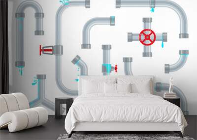 Broken and leaking water pipes. Plumbing repairs. Pipeline parts, valves and plumbing isolated on white background. Set of industrial drainage systems in a trendy flat style. Wall mural