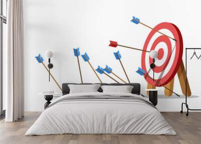 Business challenge failure concept. Lots arrows missed hitting target mark and only one hits the center. Shot miss. Failed inaccurate attempts to hit archery target. Vector illustration. Wall mural