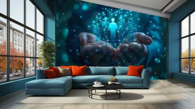 Businessman holding a glowing holographic network of human icons, symbolizing social connections, networking, and the power of technology in building professional relationships. Wall mural