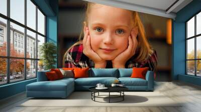 child daughter cute girl looking at camera female kid portrait caucasian pretty baby in apartment cl Wall mural