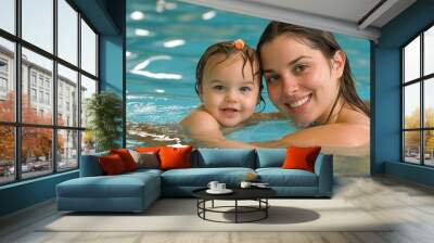 Child swimming in a pool playing water sports fun family vacation children mom dad childhood memory experience happy leisure summer activity smiling cheerful sport splashing swim joy action resort Wall mural