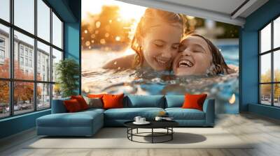 Child swimming in a pool playing water sports fun family vacation children mom dad childhood memory experience happy leisure summer activity smiling cheerful sport splashing swim joy action resort Wall mural