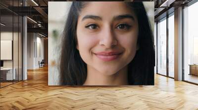 Close up face woman multiethnic indian arabian homeowner businesswoman student girl with healthy smooth skin natural beauty make-up charming portrait joyful lady smiling female head shot in kitchen Wall mural