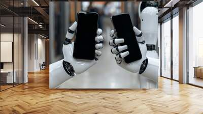 Close-up Of Two Humanoid Robot Hands Holding Blank Display Mobile Phones Wall mural