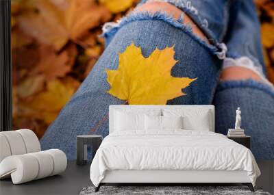 Close up of woman resting and relaxing in autumn park, sitting on ground among yellow leaves. Female in stylish jeans holding one leaf in hand. Concept of season and fall. Wall mural