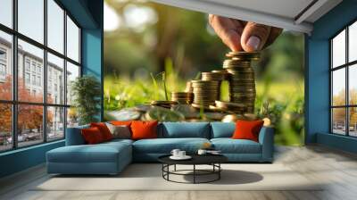 close-up photo of a businessman stacking coins on grass symbolizing investment and financial growth. Wall mural