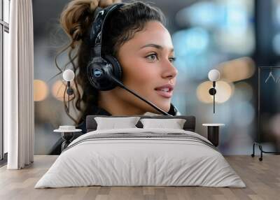 close-up shot of a call center operator wearing a headset while talking to a customer on the phone. Wall mural