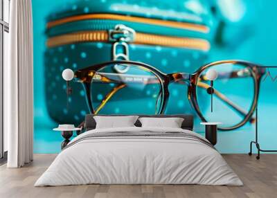 close-up shot of eyeglasses placed in front of a lens case on a vibrant blue background. The image captures the essence of eyewear and optometry, focusing on the personal and stylish design Wall mural