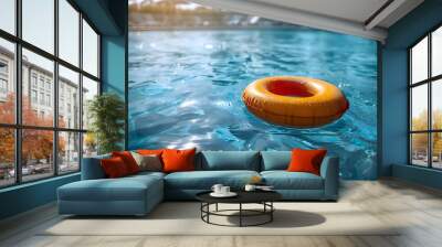 colorful inflatable ring floats on the surface of a shimmering blue swimming pool, capturing the essence of summer relaxation and fun. Ideal for themes related to vacation, poolside leisure Wall mural