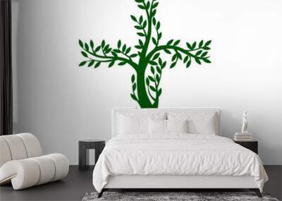 Concept of green christian cross in the form of tree on transparent background. Vector illustration. Wall mural