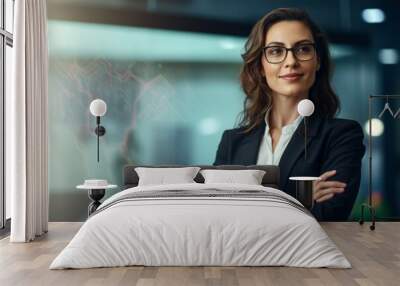 Corporate portrait woman caucasian confident businesswoman posing in office company indoors hands crossed smiling toothy successful top manager female girl employer business leader looking at camera Wall mural