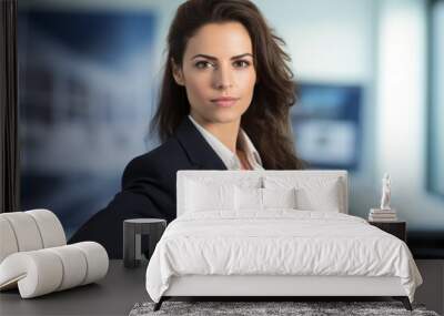 Corporate portrait woman european confident businesswoman posing in office company indoors hands crossed smiling toothy successful top manager female girl employer business leader looking at camera Wall mural