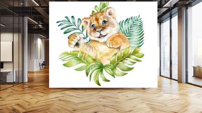 Cute lion cub with raised paws in tropical green leaves. Portrait of a child, a baby isolated on a white background. Watercolor. Illustration. Template. Hand drawing. For nursery posters Wall mural