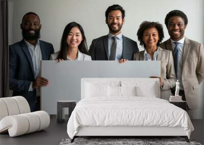 diverse group of happy businesspeople holding a blank billboard over a white background. Wall mural