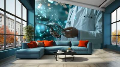 Doctor using a tablet with abstract digital connections, symbolizing modern healthcare technology and innovation. Ideal for medical tech, healthcare advancements, and digital health concepts. Wall mural