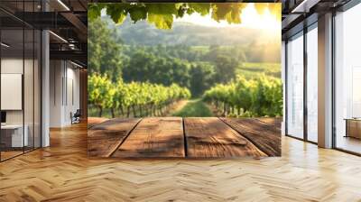 Empty wooden table with vineyard view out of open window, morning light Wall mural