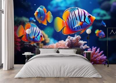 Exotic сolorful group underwater fish ocean aquarium beautiful tropical coral reef. Oceanarium animal wildlife marine ecology panorama water nature snorkel diving ecosystem environmental save planet Wall mural