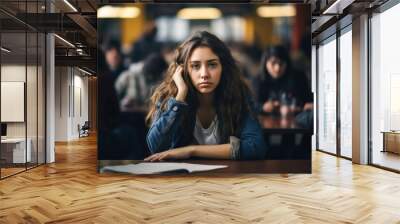 Female student bored sleepy Caucasian woman tired sad stressed girl in class teen pupil teenager lady in university high school college classroom during lesson boredom lecture education study learning Wall mural