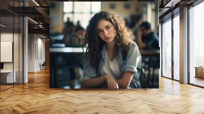 Female student bored sleepy Caucasian woman tired sad stressed girl in class teen pupil teenager lady in university high school college classroom during lesson boredom lecture education study learning Wall mural