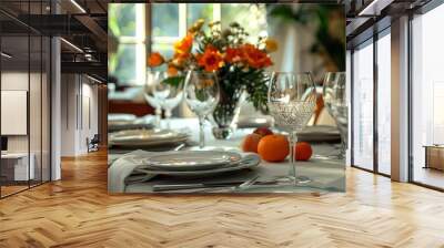 Festive table setting. Preparation for the holiday dinner. The table is set in the restaurant. Wall mural