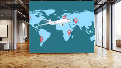 Flying plane above world map. Location and travel pinpoints on a global maps. International transportation. Vector illustration. Wall mural