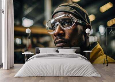 Focused african american worker man portret technological industrial complex factory production line face safety measures eyewear manufacturing mechanical scientific close-up employee concentration Wall mural