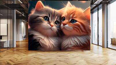 Generative AI, a portrait of a couple of cats in love, cartoon cats close-up drawn with paints Wall mural