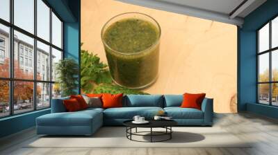 Green healthy smoothie. Salad in a glass. Watch your diet. Vegetarian preferences. Yummy. Wall mural