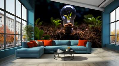 green sprout inside light bulb, green energy in natural background, generative ai Wall mural