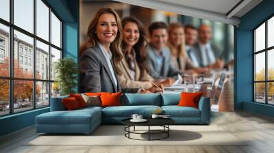 Group of beautiful business executives smiling and taking notes while looking at a presentation during a meeting at the office. Wall mural