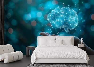 Hand holding a glowing digital brain with a network of connections, set against a bokeh background. Ideal for AI concepts, neuroscience themes, and technology designs. Wall mural