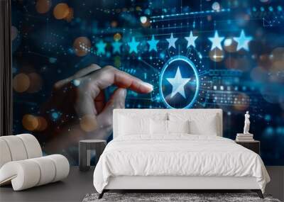 hand pressing on a five-star icon on a digital screen for a positive customer review concept. Wall mural