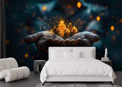 Hands holding glowing holographic human figures, symbolizing leadership, innovation, and technology in business. Ideal for corporate presentations, tech industry promotions, and leadership  Wall mural