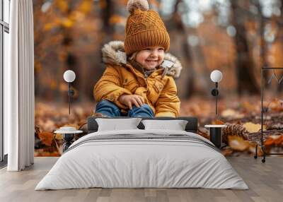 Happy children in cozy autumn fashion adventure outdoors Wall mural