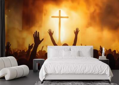 Happy Easter concept. Christian worship with raised hand in front of the cross background. Wall mural