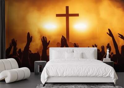 Happy Easter concept. Christian worship with raised hand in front of the cross background. Wall mural