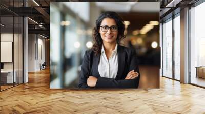 Hispanic smiling toothy Latino Indian successful confident Arabian businesswoman worker lady boss female leader girl business woman posing crossed hands looking at camera in office corporate portrait Wall mural