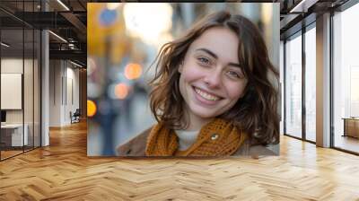 Joyful Young Caucasian Woman in Urban Setting: Closeup Portrait of Smiling Adult Wall mural